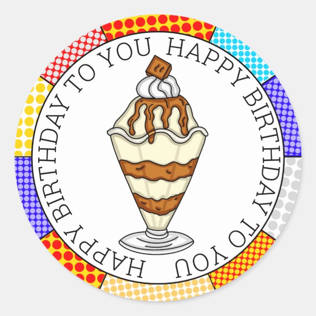 Retro Pop Art Caramel Ice Cream Sundae    Classic Round Sticker (Front)