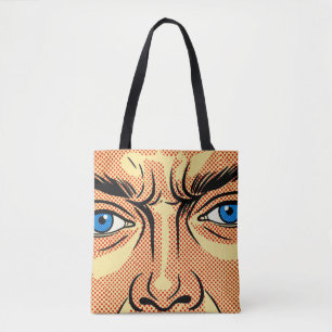 Retro Pop Art Comic Face Blue Eyes Red Dot Graphic Tote Bag