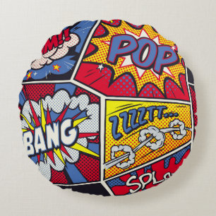 Retro pop art, comic shout pattern. round cushion