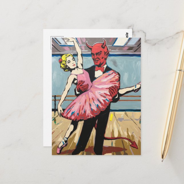 Retro Pop Art Devil With Ballet Dancer  Postcard (Front/Back In Situ)