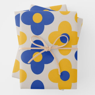 Retro Pop Art Flowers Blue Yellow Pattern Wrapping Paper Sheet