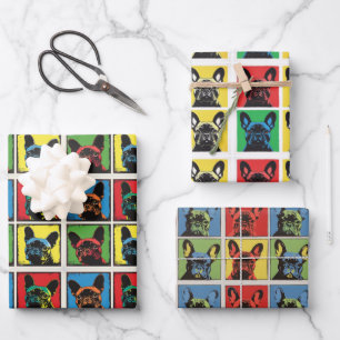 Retro Pop Art French Bulldog Grid Design Wrapping Paper Sheet