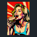 Retro Pop Art Girl Eating Burger Poster<br><div class="desc">This poster features a fun, retro-inspired design that combines elements of pop art and vintage diner culture. The central image is of a girl happily munching on a juicy burger, surrounded by bold, colorful graphics. The overall effect is playful and sure to add a touch of whimsy to any space....</div>