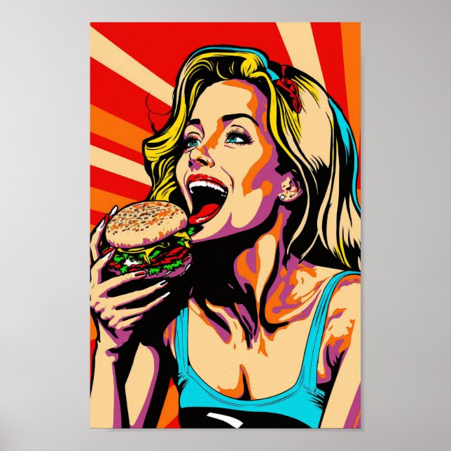 Retro Pop Art Girl Eating Burger Poster (Front)