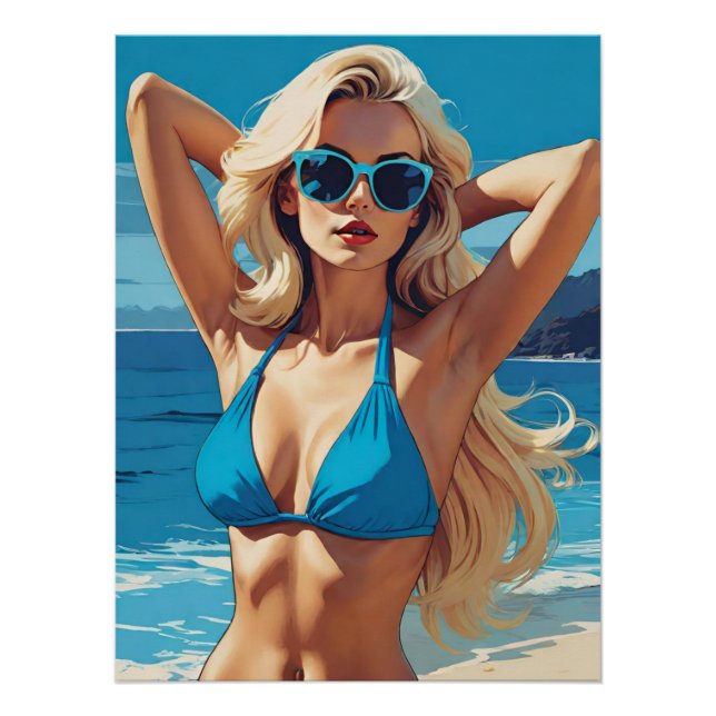 Retro Pop Art: Glamourous Blonde in Blue Bikini Poster (Front)
