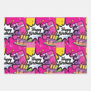 Retro Pop Art - Happy Birthday designed  Wrapping Paper Sheet