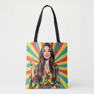 Retro Pop Art Lady giving Peace Sign Tote Bag