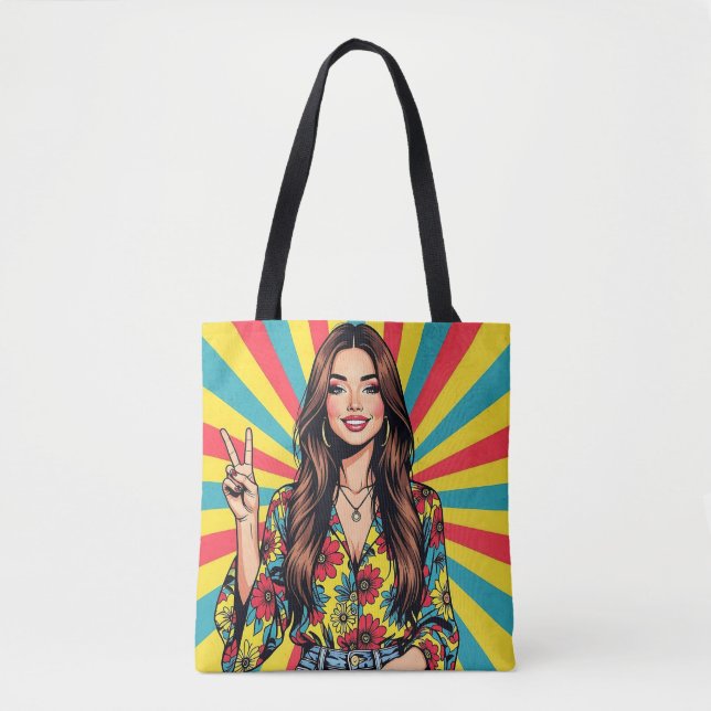 Retro Pop Art Lady giving Peace Sign Tote Bag (Front)