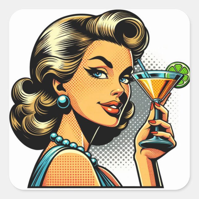 Retro Pop Art Lady with Cocktail | Cheers Square Sticker (Front)