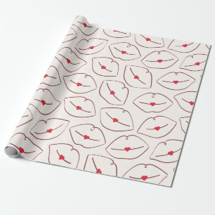 Retro Pop Art Line Art Lips & Hearts Cherry Red Wrapping Paper