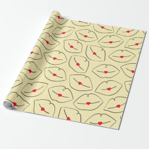 Retro Pop Art Line Art Lips & Hearts Yellow Wrapping Paper