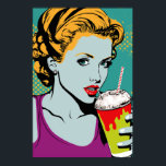 Retro Pop Art Milkshake Girl Poster<br><div class="desc">This features a playful,  retro-inspired design that combines elements of pop art and vintage diner culture. The central image is of a smiling girl holding a tall,  creamy milkshake,  surrounded by bold,  colorful graphics. The overall effect is fun and sure to add a touch of whimsy to any space.</div>