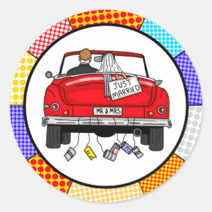 Retro Pop Art Mr & Mrs   Just Got Married   Classic Round Sticker