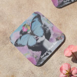 Retro Pop Art Pink and Blue Butterfly Coaster<br><div class="desc">This design blends coquette aesthetics with a dreamy, retro collage vibe. A striking blue butterfly rests across a woman's face, adding mystery and whimsy, while pastel tones of pink and lavender butterflies flutter around, enhancing the ethereal feel. Vibrant flowers bloom in the background, creating a lush, vintage-inspired garden scene. Personalise...</div>