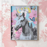 Retro Pop Art Pink and Blue Unicorn Collage