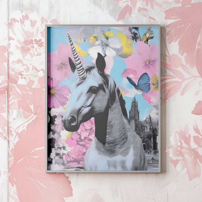 Retro Pop Art Pink and Blue Unicorn Collage Poster (Elevate your décor with this standout piece, ideal for lovers of vintage flair.)