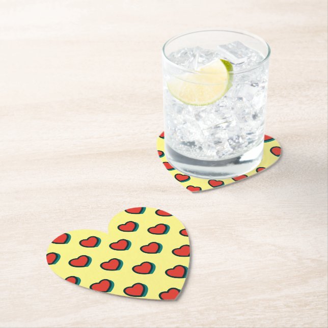 Retro Pop Art Red Blue Yellow Hearts Pattern Paper Coaster (Insitu)