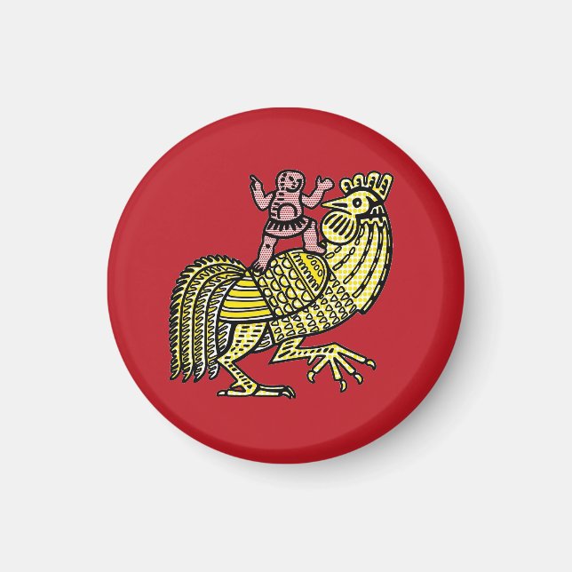 Retro Pop Art Rooster with Figure Ben-Day Dot Magnet (Front)