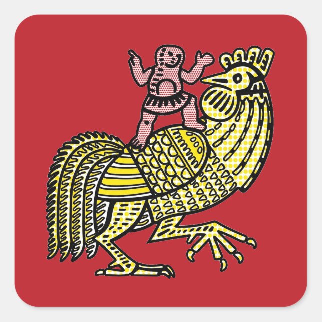 Retro Pop Art Rooster with Figure Ben-Day Dot Square Sticker (Front)