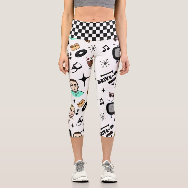 Retro Pop Art Style 1950s Style Graphics Capri Leggings (Front)