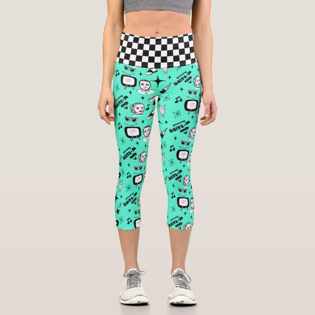 Retro Pop Art Style 1950s Style Graphics Capri Leggings (Front)