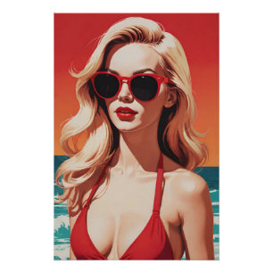 Retro Pop Art: Stylish Blonde in Red Bikini Poster