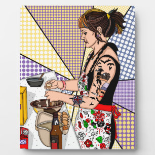 Retro Pop Art Tattoo Lady Baking in Kitchen   Plaque