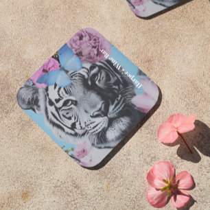 Retro Pop Art Tiger and Butterflies Collage Coaster