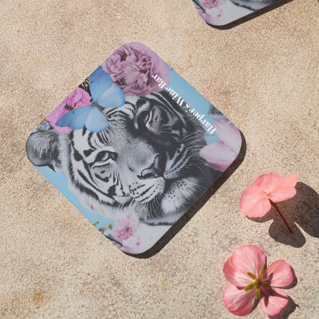 Retro Pop Art Tiger and Butterflies Collage Coaster (Creator Uploaded)