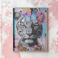 Retro Pop Art Tiger and Butterflies Collage