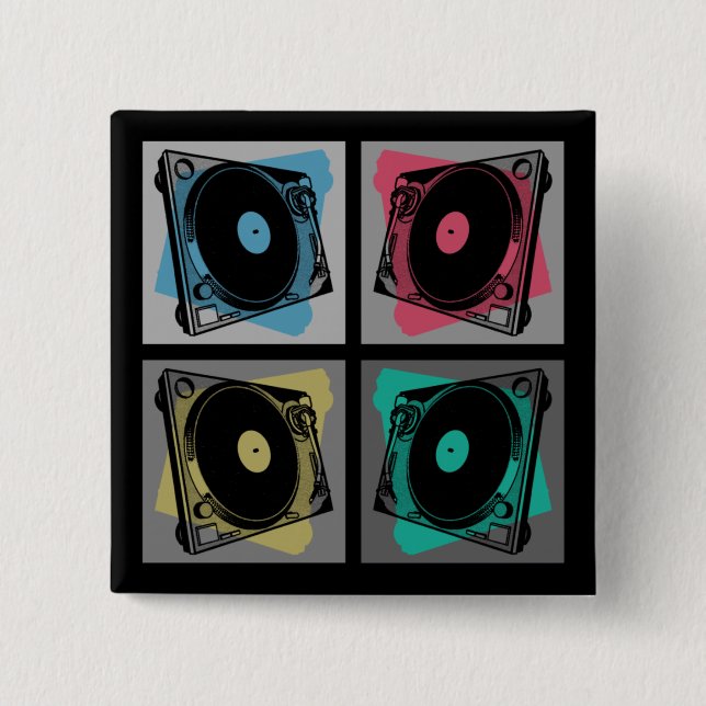 Retro Pop Art Turntables 15 Cm Square Badge (Front)