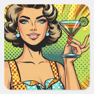 Retro Pop Art Woman with Cocktail   Cheers Square Sticker