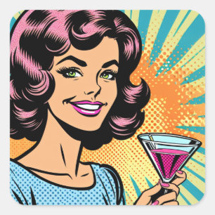 Retro Pop Art Woman with Cocktail Square Sticker