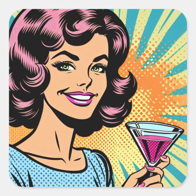 Retro Pop Art Woman with Cocktail Square Sticker (Front)