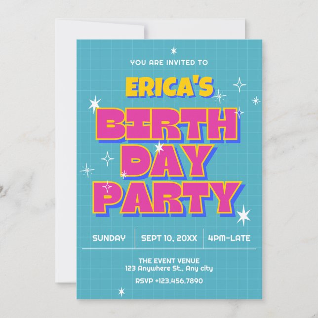 Retro pop birthday party invitation (Front)