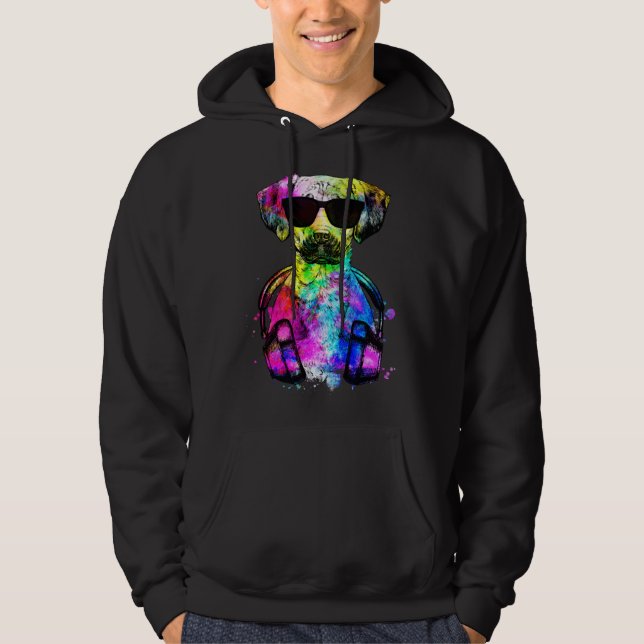 Retro Pop Black Mouth Cur Dog Portrait with Headph Hoodie (Front)