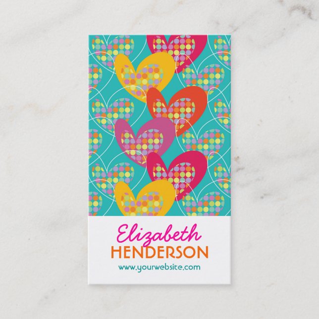 Retro Pop Colourful Valentine Hearts Modern Dots Business Card (Front)