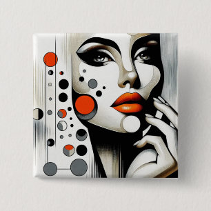 Retro Pop Diva: Geometric Elegance Abstract Art 15 Cm Square Badge