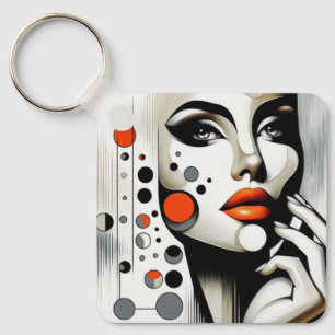 Retro Pop Diva: Geometric Elegance Abstract Art Key Ring