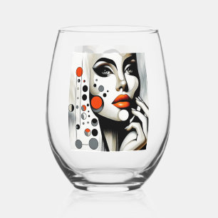 Retro Pop Diva: Geometric Elegance Abstract Art Stemless Wine Glass