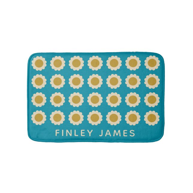 Retro Pop Flowers Pattern Turquoise Personalised Bath Mat (Front)