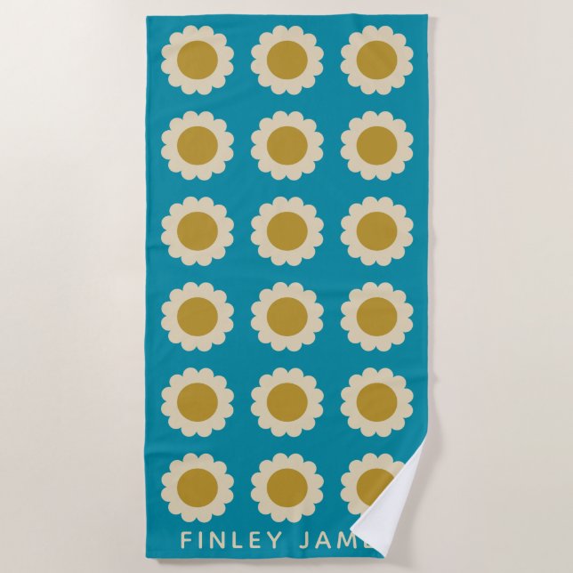 Retro Pop Flowers Pattern Turquoise Personalised Beach Towel (Front)