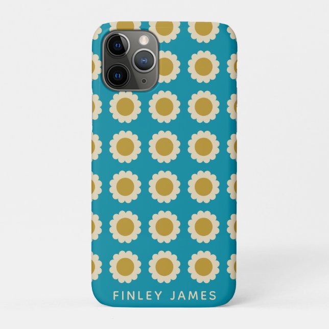Retro Pop Flowers Pattern Turquoise Personalised Case-Mate iPhone Case (Back)