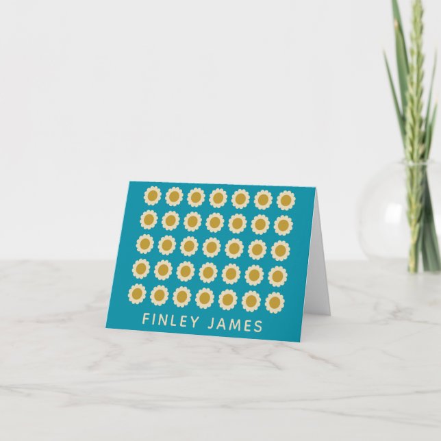 Retro Pop Flowers Pattern Turquoise Personalised Note Card (Front)