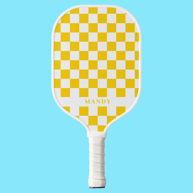 Retro Pop Sunny Yellow Checkerboard Custom Name Pickleball Paddle (Retro Pop Sunny Yellow Checkerboard Custom Name Pickleball Paddle
)