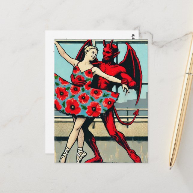 Retro PopArt Devil With ballerina in a Poppy Dress Postcard (Front/Back In Situ)