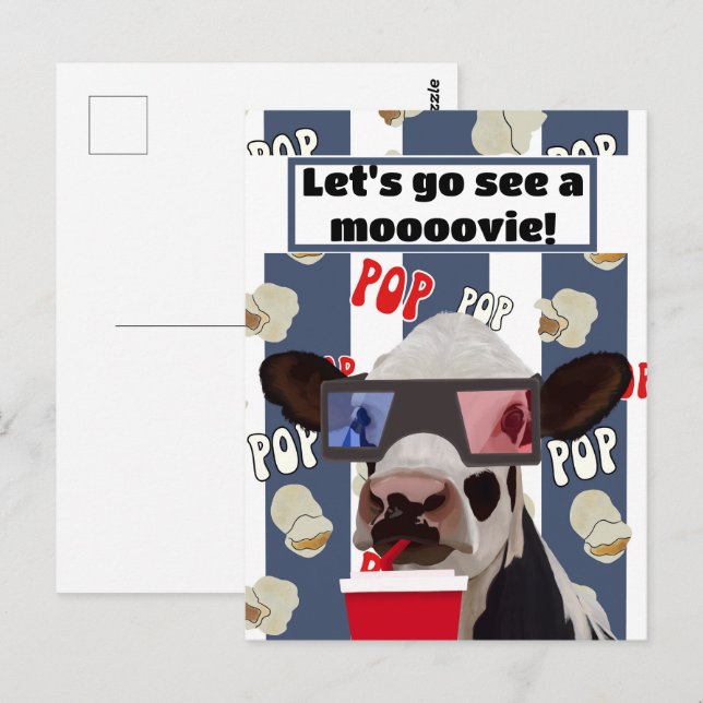Retro Popcorn Loving Cow Movie Invite Postcard  (Front/Back)