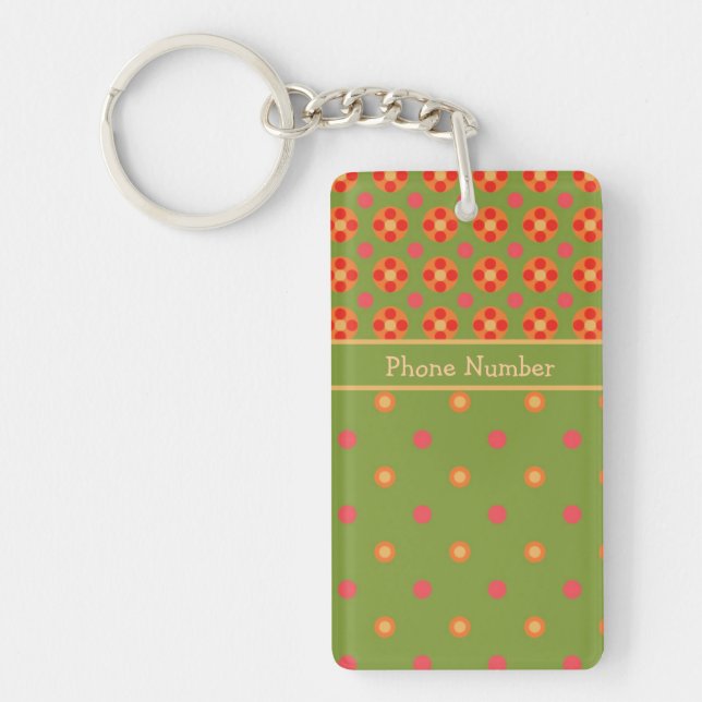 Retro Poppies and Polka Dots Oblong Keychain (Front)