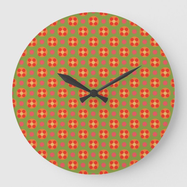 Retro Poppies and Polka Dots Round Wall Clock (Front)