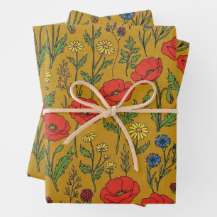 Retro Poppy Field Mustard Yellow Floral Wrapping P Paper Sheet